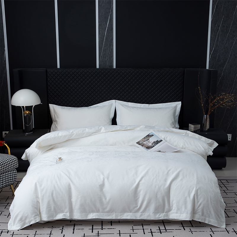 طقم بياضات سرير فندقي جديد من القطن الخالص الساتان الأبيض بنقشة الجاكار