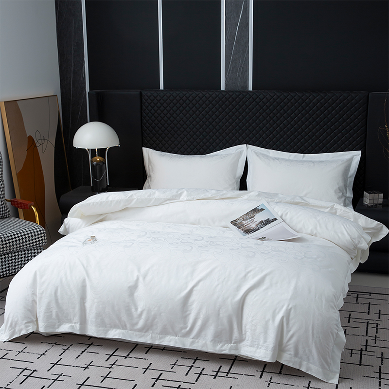 طقم بياضات سرير فندقي جديد من القطن الخالص الساتان الأبيض بنقشة الجاكار طقم بياضات سرير فندقي جديد من القطن الخالص الساتان الأبيض بنقشة الجاكار