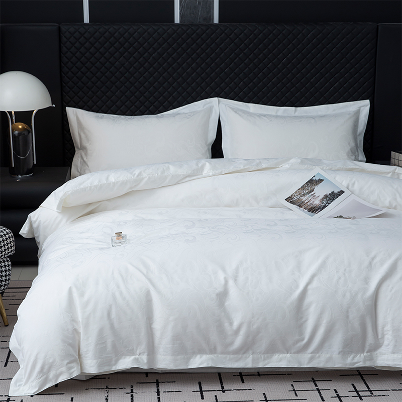 طقم بياضات سرير فندقي جديد من القطن الخالص الساتان الأبيض بنقشة الجاكار طقم بياضات سرير فندقي جديد من القطن الخالص الساتان الأبيض بنقشة الجاكار