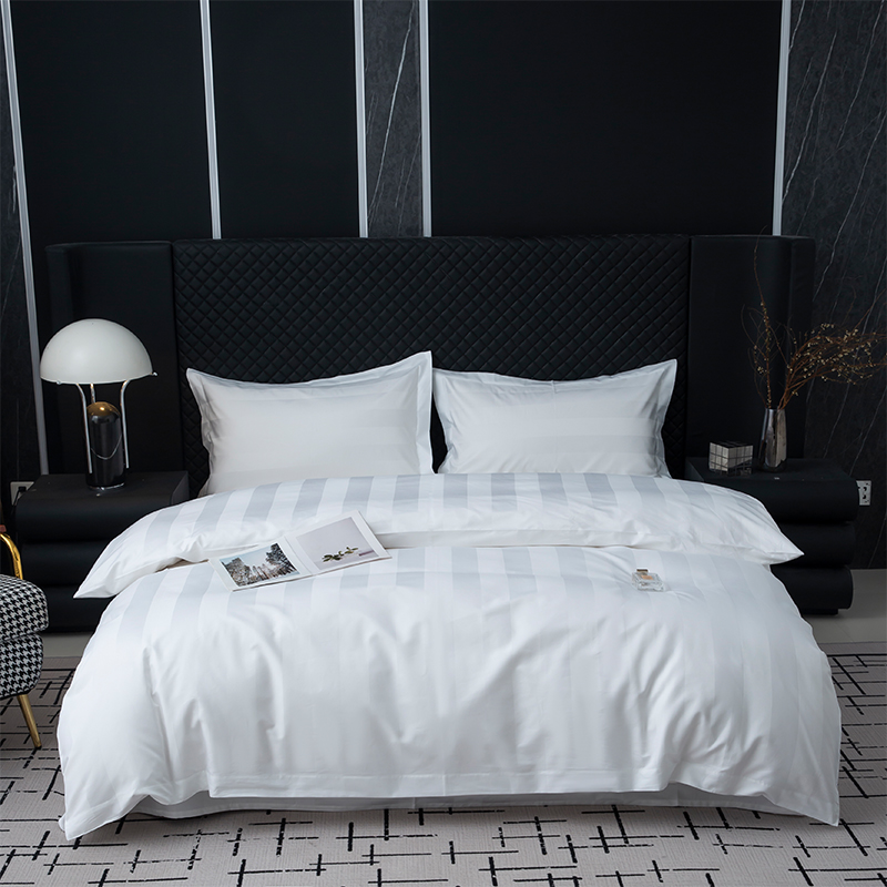  قم بياضات سرير فندقي من القطن الخالص 100%، 750 TC، سادة أبيض، مخطط ساتان 7 سم، للفنادق الخمس نجوم